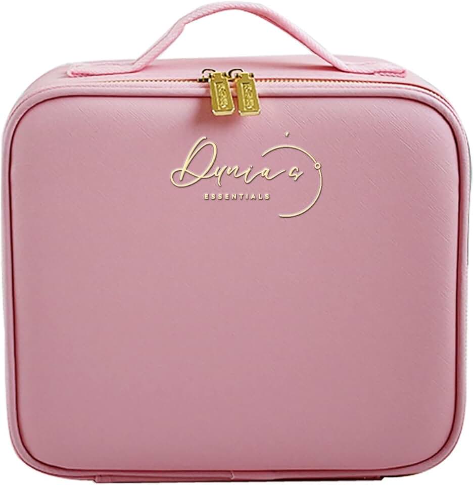 Pink travel makeup bag with mirror and adjustable dividers