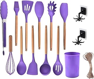 12-Piece Purple Silicone Kitchen Utensil Set with Wooden Handles