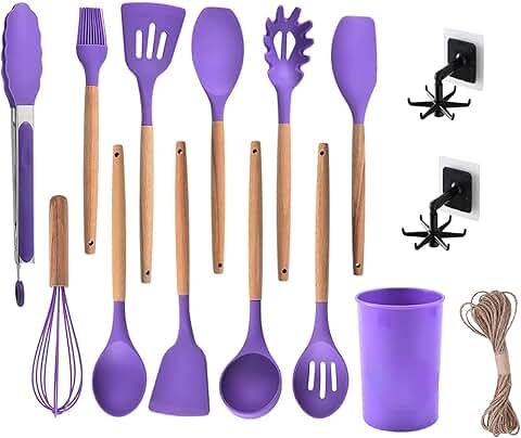 12-Piece Purple Silicone Kitchen Utensil Set with Wooden Handles