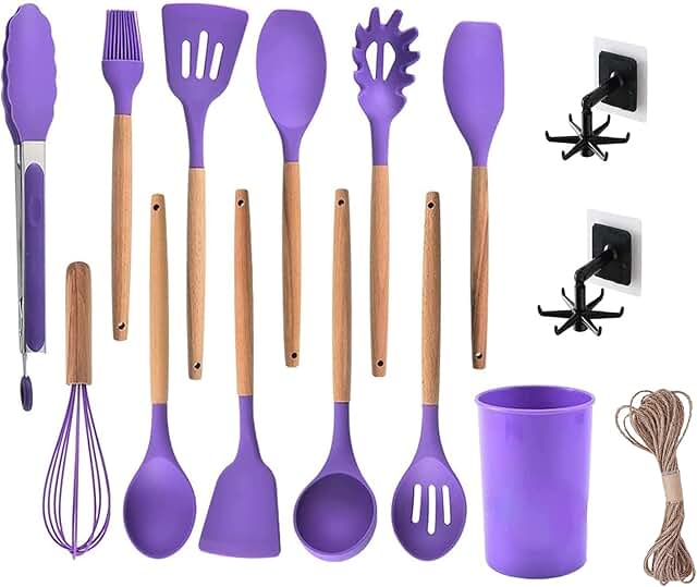 12-Piece Purple Silicone Kitchen Utensil Set with Wooden Handles