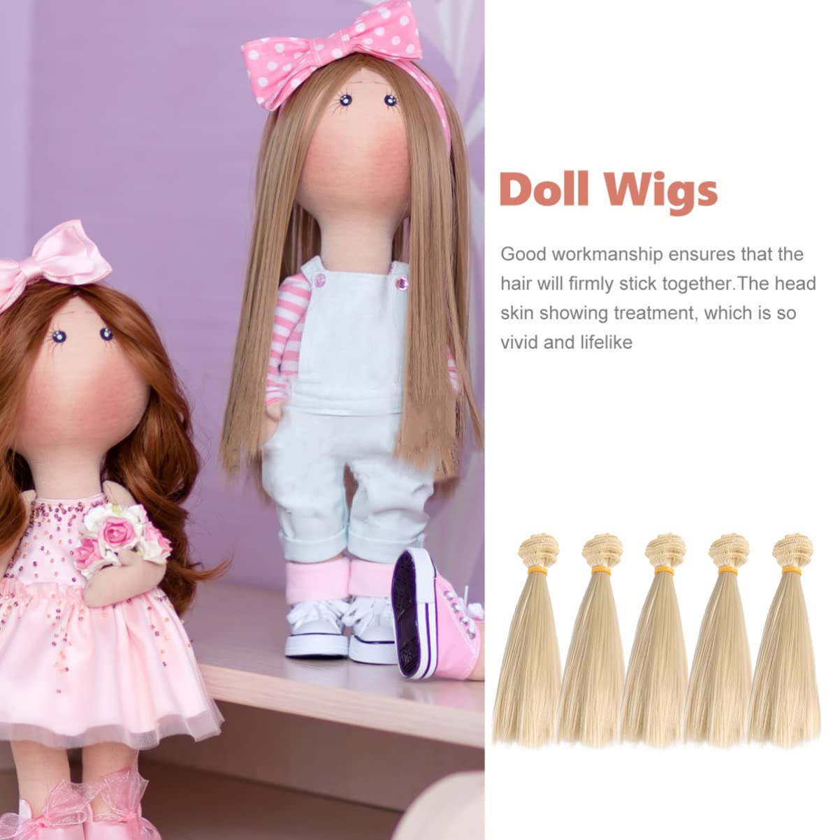 5pcs Dark Khaki Synthetic Doll Hair Wefts 15cm