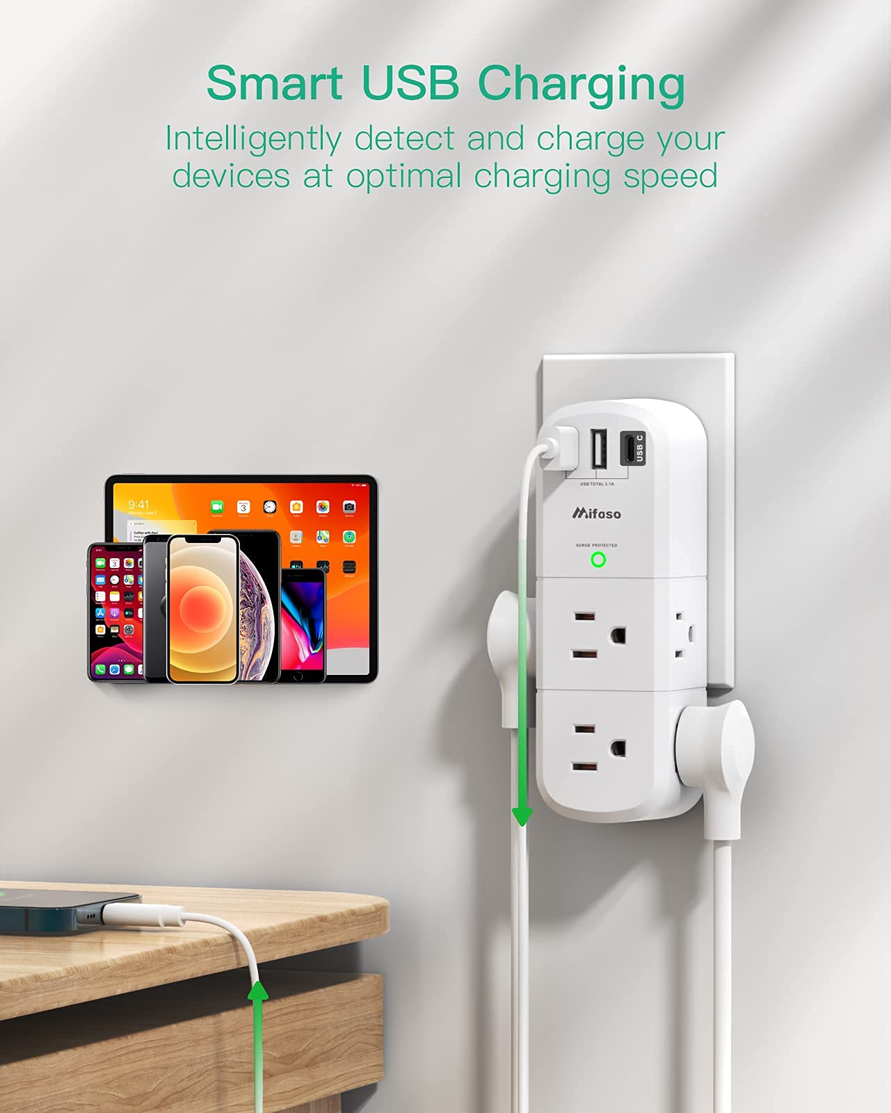 USB Outlet Extender Surge Protector - with Rotating Plug, 6 AC Multi Plug Outlet and 3 USB Ports (1 USB C), 1800 Joules, 3-Sided Swivel Power Strip with Spaced Outlet Splitter for Home, Office, Travel