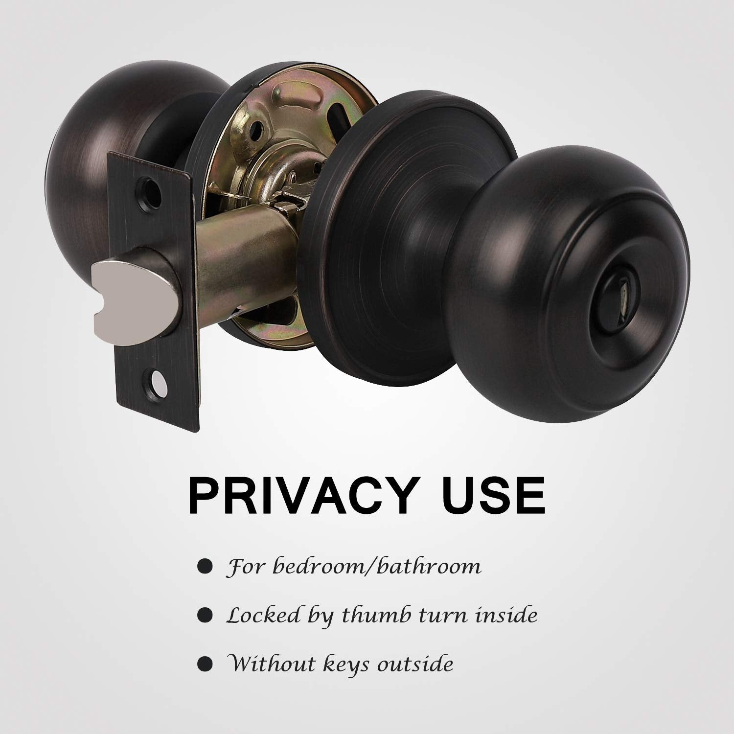 1 Pack Keyless Privacy Door Knob, Rubbed Bronze Door Knob In or, Privacy Door Knob for Bed/Bath Function In or Door Use, Round Shape