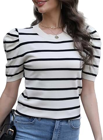 Women's Short Sleeve Knit Puff Sleeve Crewneck Striped T-Shirt