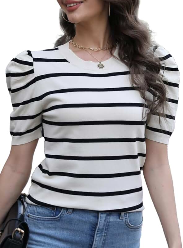 Women's Short Sleeve Knit Puff Sleeve Crewneck Striped T-Shirt