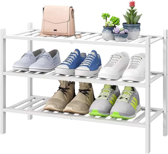 White 3-Tier Bamboo Shoe Rack for Closet and Entryway