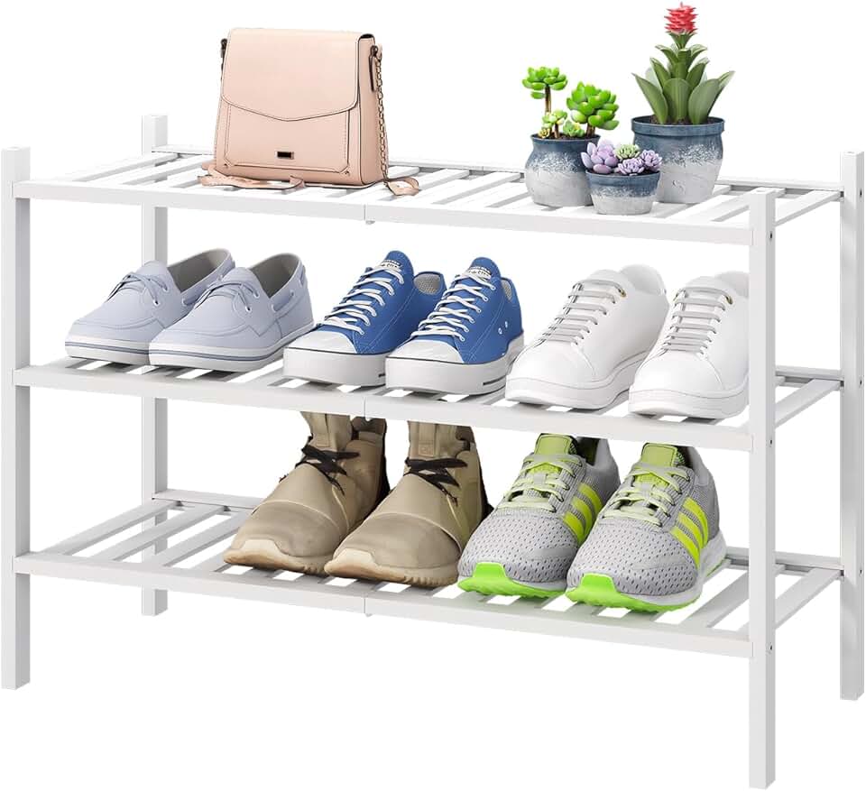 White 3-Tier Bamboo Shoe Rack for Closet and Entryway