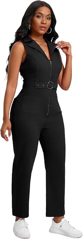 Women's Sleeveless V-Neck Belted High Waist Jean Romper