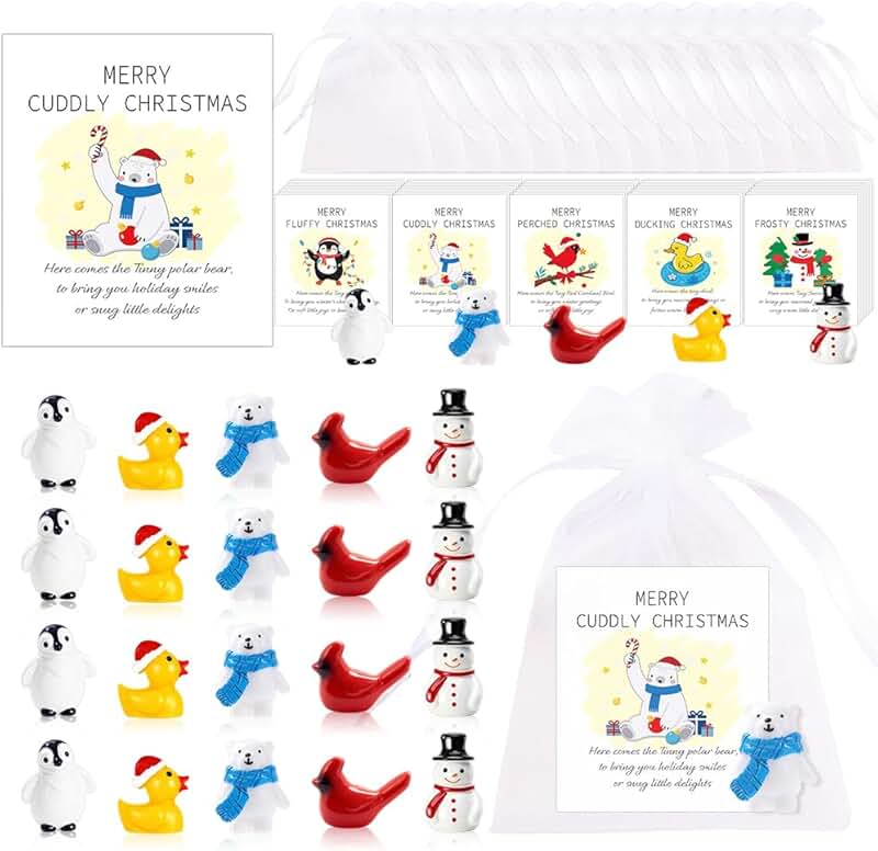 30 Mini Christmas Resin Animal Gifts with Cards and Bags