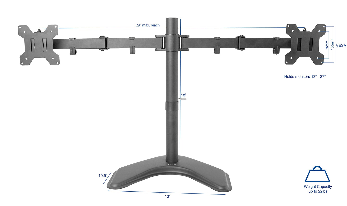 Dual 13 to 27 inch LED LCD Monitor Free-Standing Desk Stand, Holds 2 Screens, Heavy-Duty Fully Adjustable Arms with Max VESA 100x100mm, 18 Pole, Black, STAND-V002F