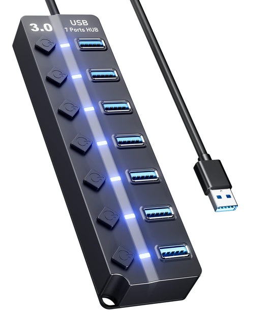 7-Port USB 3.0 Hub with Switches and Long Cable