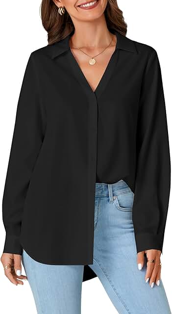 Women's V-Neck Button-Down Long Sleeve Blouse