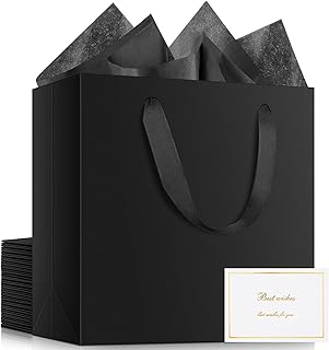 Black Gift Bags with Tissue Paper and Cards, 20 Pack