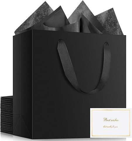 Black Gift Bags with Tissue Paper and Cards, 20 Pack