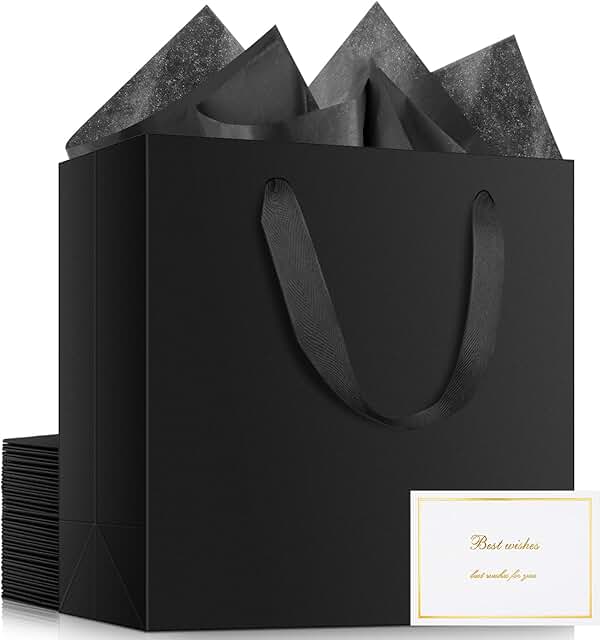 Black Gift Bags with Tissue Paper and Cards, 20 Pack
