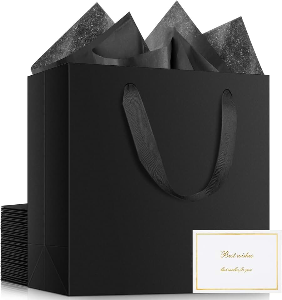 Black Gift Bags with Tissue Paper and Cards, 20 Pack