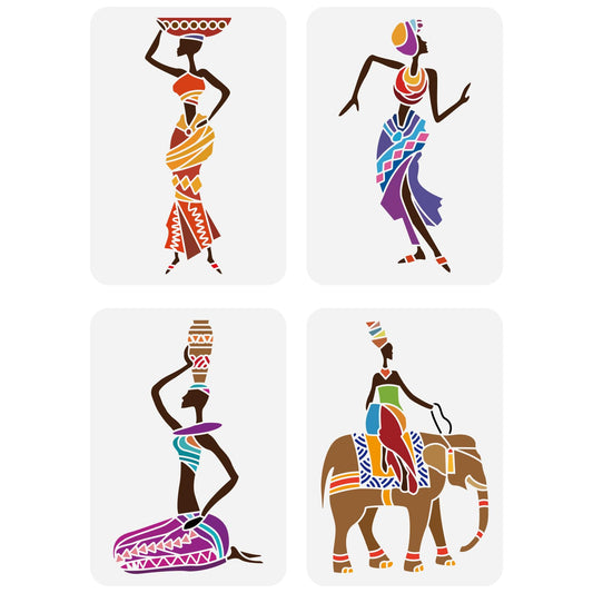 4 Pcs African Tribal Women Elephant Dancer Plastic Stencils