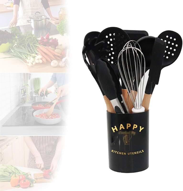 11-Piece Wooden Handle Kitchen Utensil Set with Holder