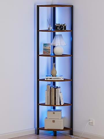 6-Tier Corner Shelf with LED Light for Living Room and Bedroom