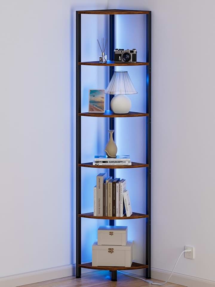 6-Tier Corner Shelf with LED Light for Living Room and Bedroom