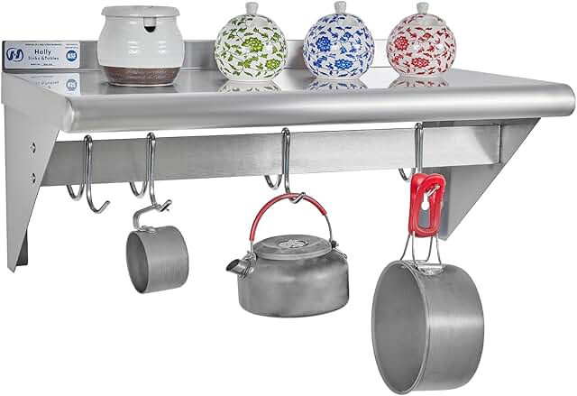 Stainless Steel Wall Shelf with 4 Hooks, 12x24 inches