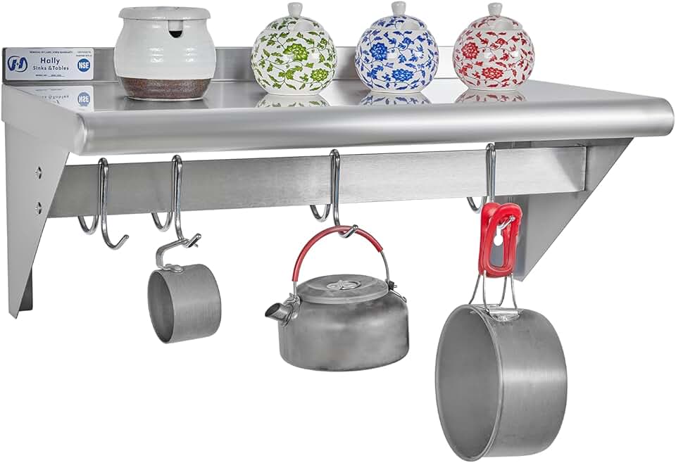 Stainless Steel Wall Shelf with 4 Hooks, 12x24 inches