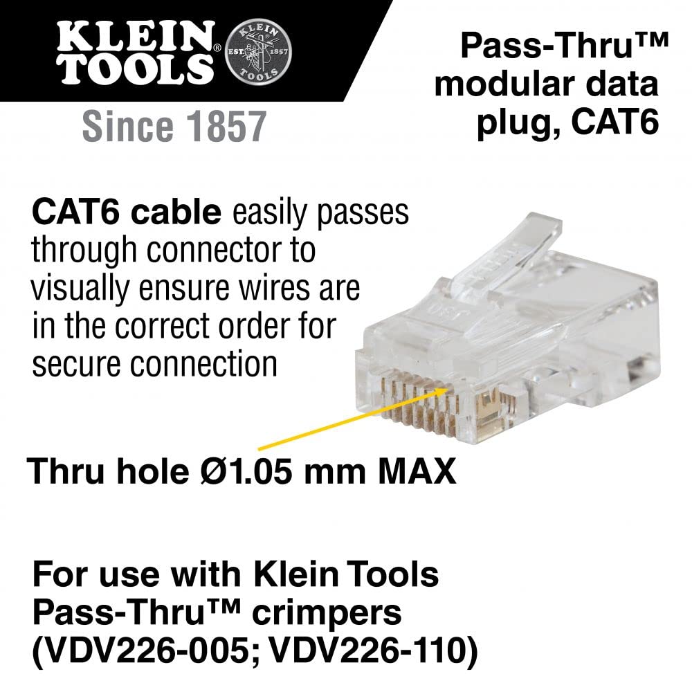 VDV826-703 Pass-Thru Modular Data Plug, RJ45 CAT6, Gold Plated, Pass Through Connectors 50-Pack