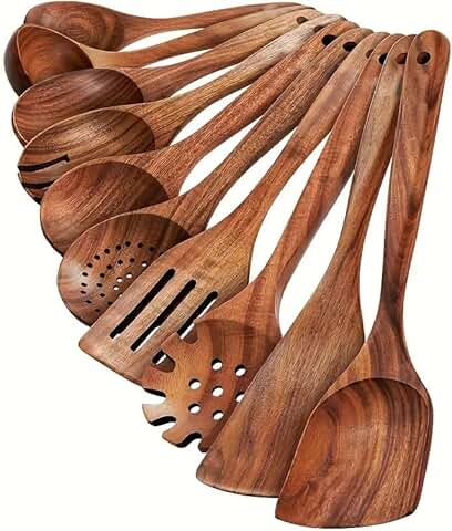 10-Piece Teak Wood Kitchen Utensil Set for Nonstick Cookware