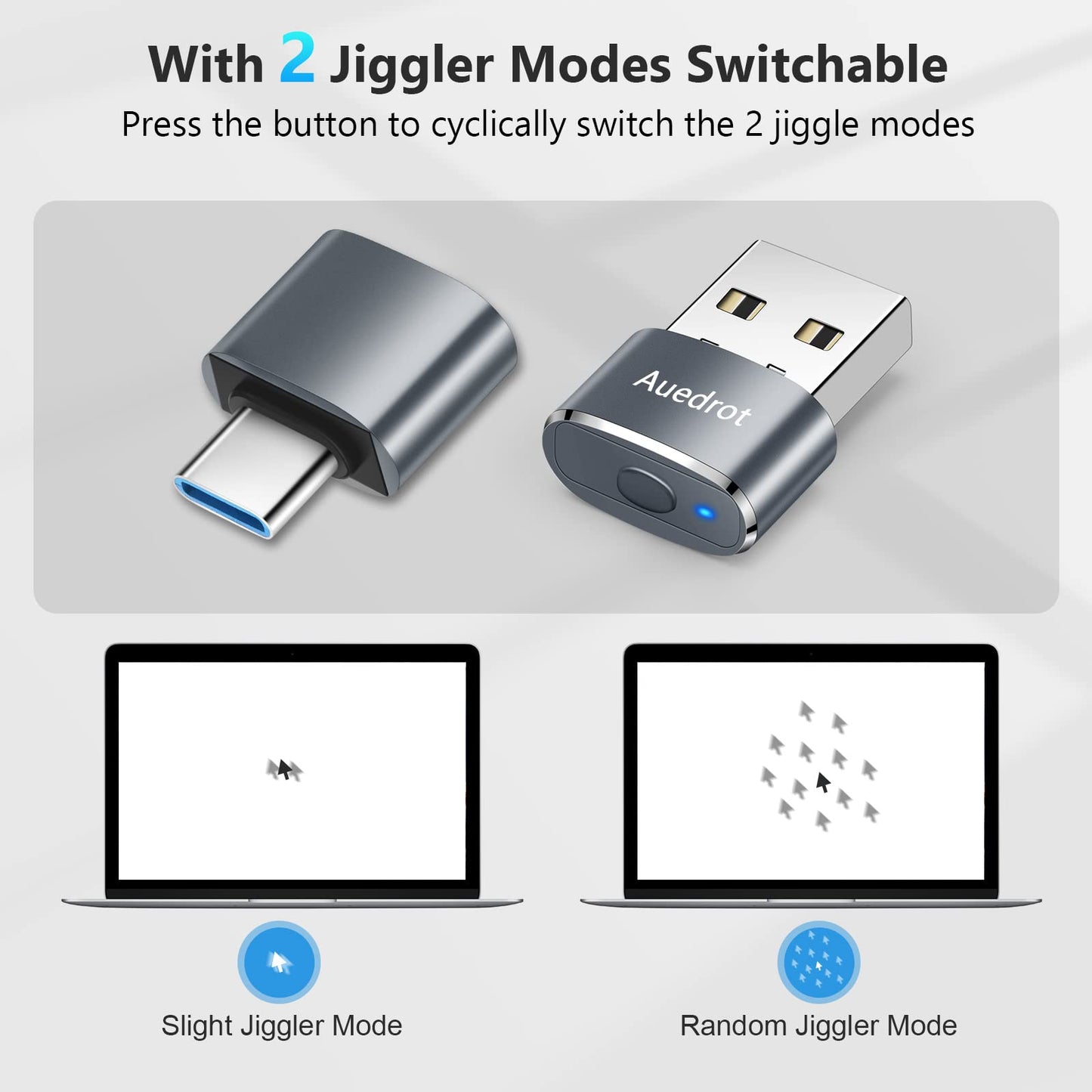 Mouse Jiggler Undetectable Metal USB Mouse Mover with Switch Button, Automatic Mini Mouse Shaker with 2 Jiggle Modes, Driver-Free, Plug-and-Play Keep Computer/Laptop Awake, with Type-C Adapter, Gray