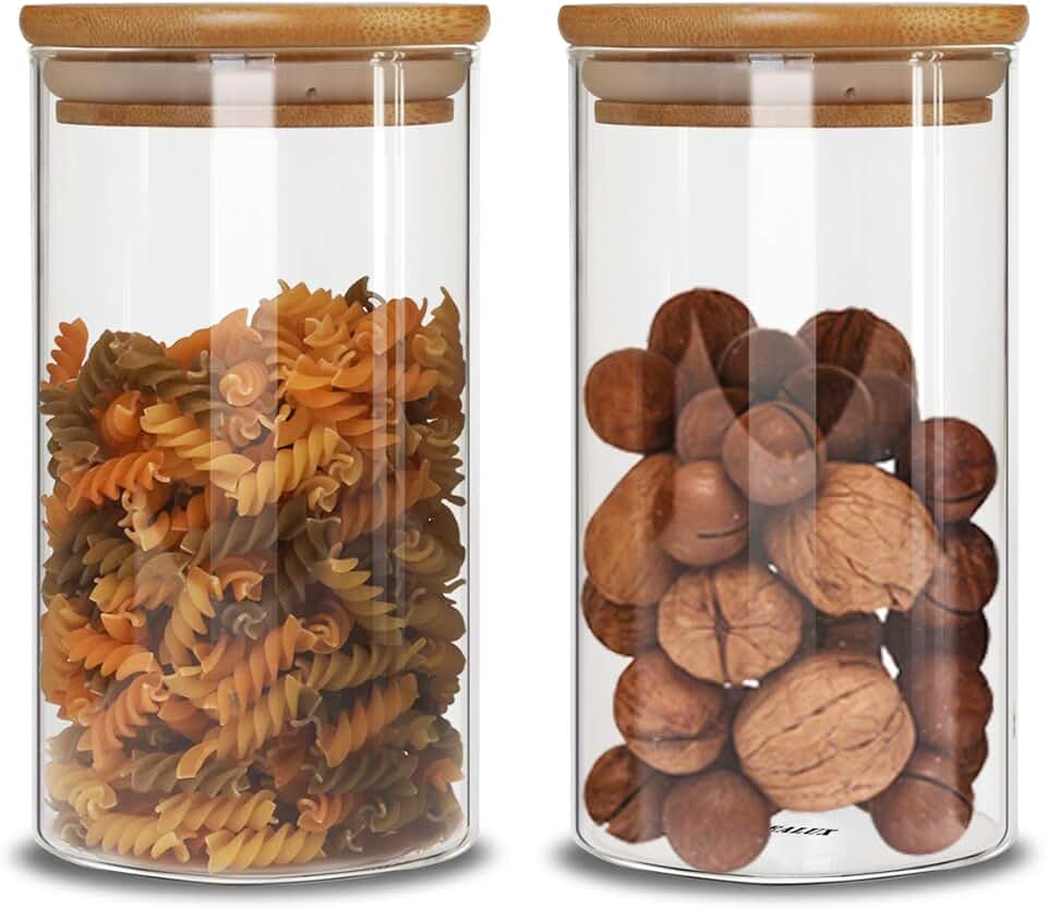 Set of 2 Glass Storage Jars with Wooden Lids
