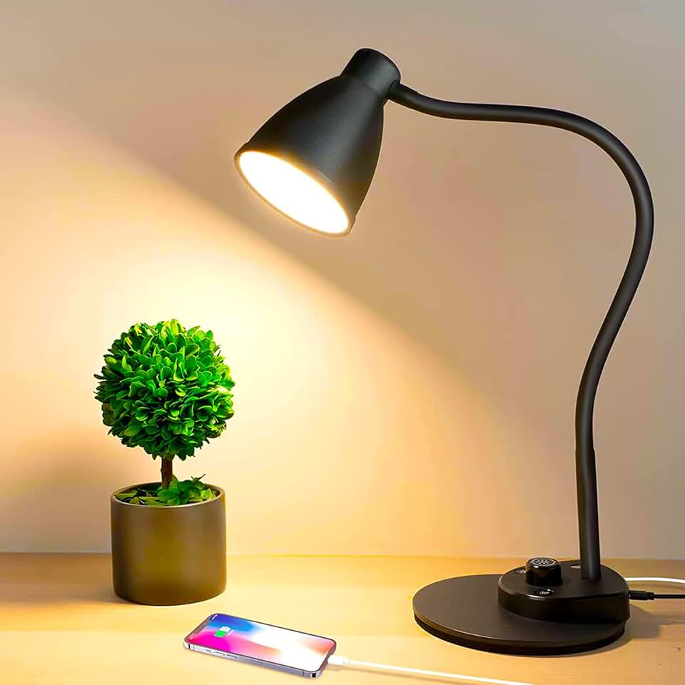 LED Desk Lamp with USB Charging, 3 Color Modes, Dimmable, Auto Dimming