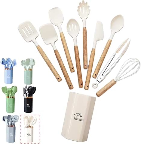11-piece white silicone kitchen utensil set with holder