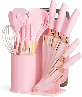 Pink 19-Piece Kitchen Utensil Set with Wooden Handles