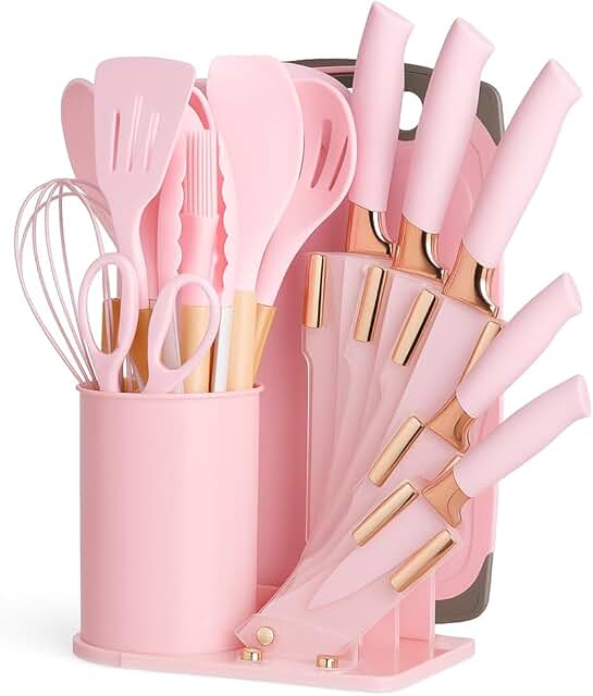 Pink 19-Piece Kitchen Utensil Set with Wooden Handles