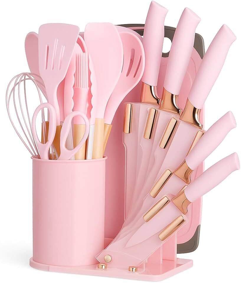 Pink 19-Piece Kitchen Utensil Set with Wooden Handles