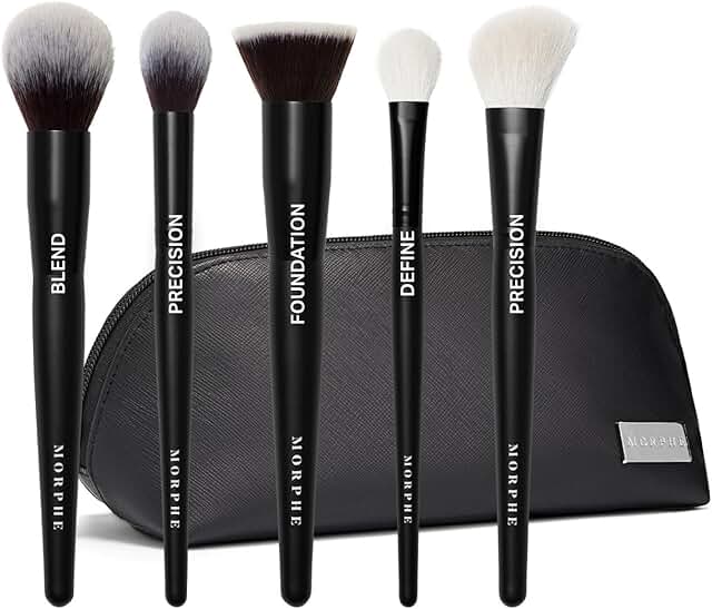 Five-piece makeup brush set with synthetic bristles and case