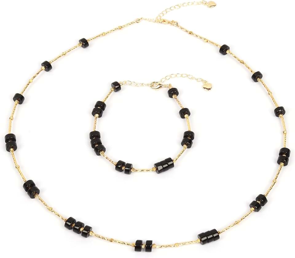 Blue beaded jewelry set with adjustable necklace and bracelet