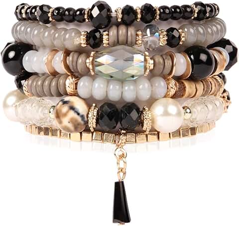Multi-Layer Beaded Statement Bracelets with Tassel Charm