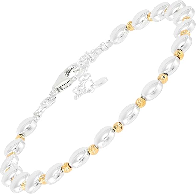 Sterling Silver and Gold Hematite Beaded Bracelet, 7"