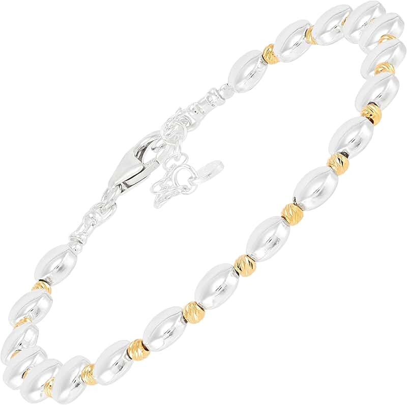 Sterling Silver and Gold Hematite Beaded Bracelet, 7"