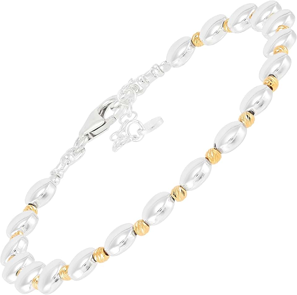 Sterling Silver and Gold Hematite Beaded Bracelet, 7"