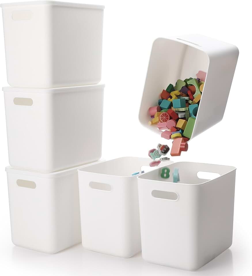 6 White Plastic Storage Bins with Lids