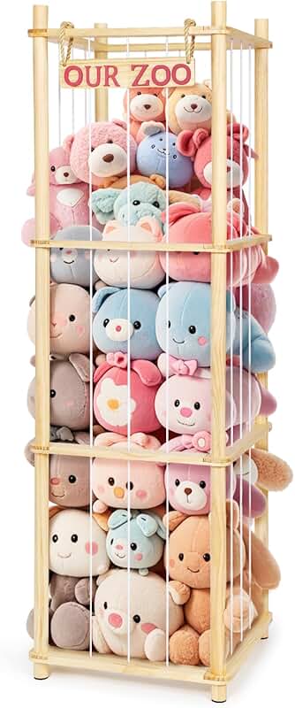 Tall Pine Wood Toy Organizer with Elastic Cords and Shelf