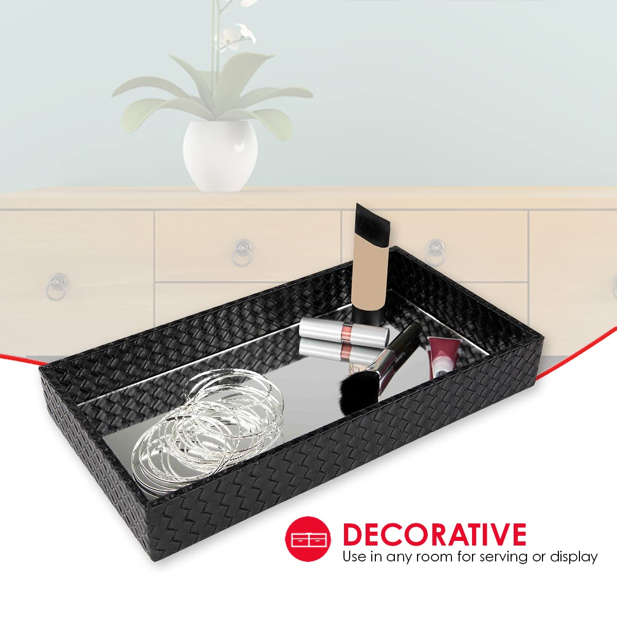 Decorative Leather Bath Vanity Tray with Mirror, Black