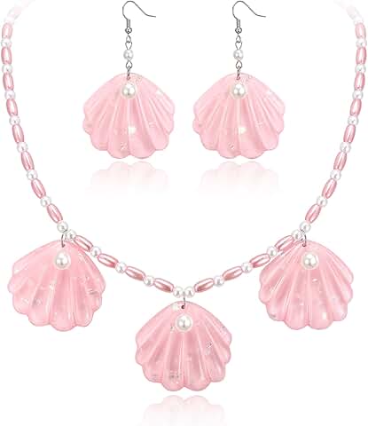 Pink Shell Jewelry Set with Faux Pearls and Seashells