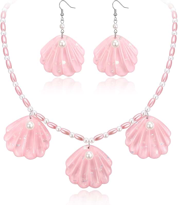 Pink Shell Jewelry Set with Faux Pearls and Seashells