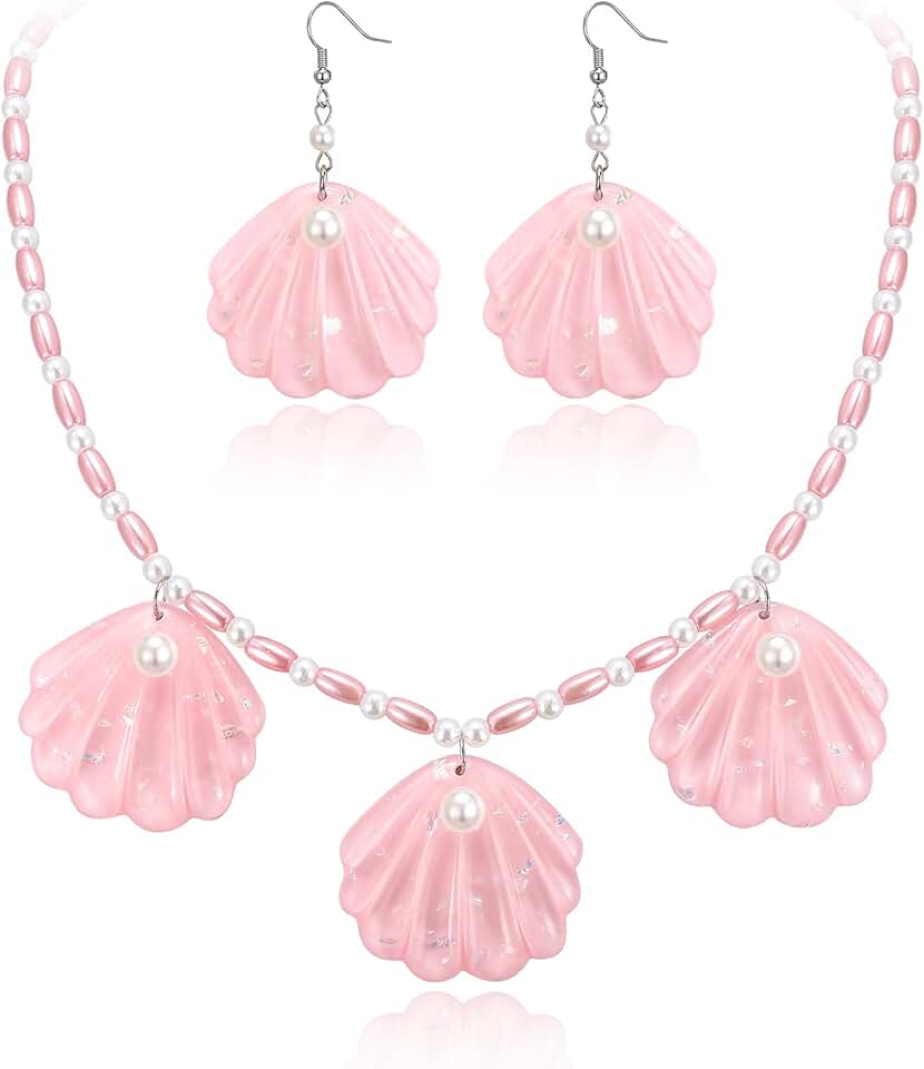 Pink Shell Jewelry Set with Faux Pearls and Seashells