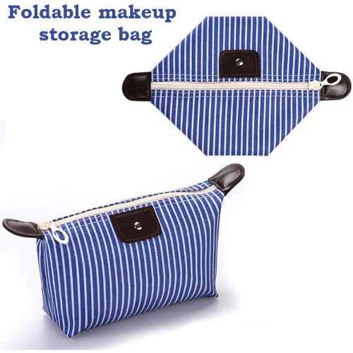 MODAIO-Waterproof Striped Dumpling Makeup Large Foldable Cosmetic Travel Bag (Blue)
