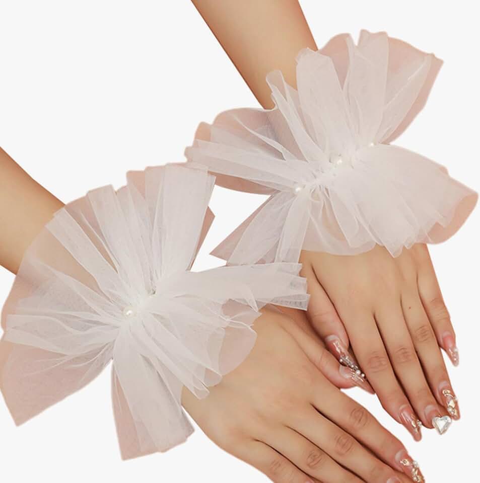 Pair of lace gloves with pearl accents and wrist cuffs