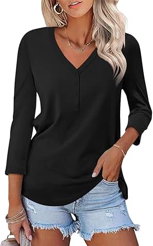 Women's V-Neck 3/4 Sleeve Solid Casual Summer Top